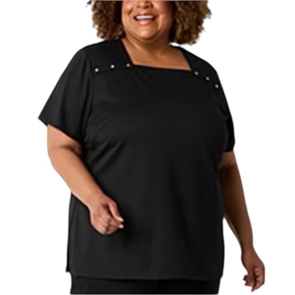 Liz Claiborne Square Neck Studded Short Sleeve Tunic. Size 2X Black #1478 NWT